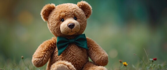 Fototapeta premium Stuffed and fluffy teddy toy bear turns and looks around on a green background.