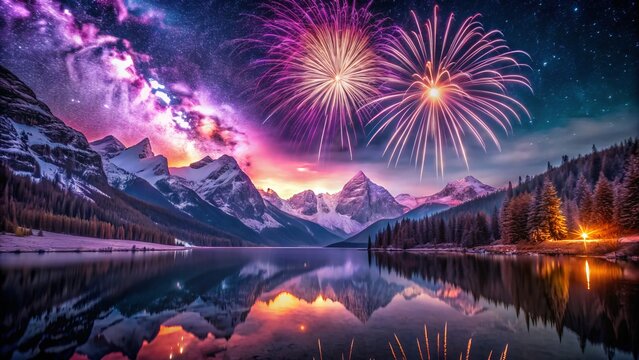 Vibrant fireworks exploding above snow-capped mountains under a starry night sky, with purple and pink hues reflecting off the serene lake in the valley below.