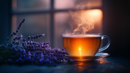 A steaming cup of lavender tea sits on the dark table again window 