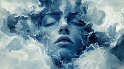 A surreal, abstract depiction of a woman's face seamlessly blending with swirling blue clouds, evoking a sense of calm and introspection.
