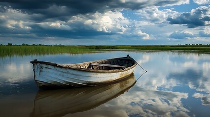 Fototapeta premium Solitude in Submergence - Abandoned Boat Tethered in Floodwater Reflecting Dark Clouds with Tranquil Stillness