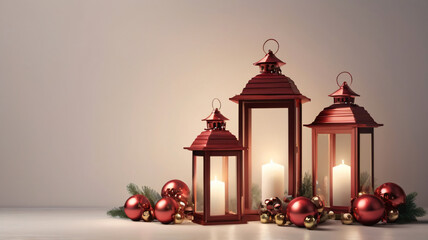 warm holiday scene featuring three red lanterns, each glowing with a lit candle, surrounded by red and gold Christmas ornaments and pine branches, perfect for a cozy Christmas setting