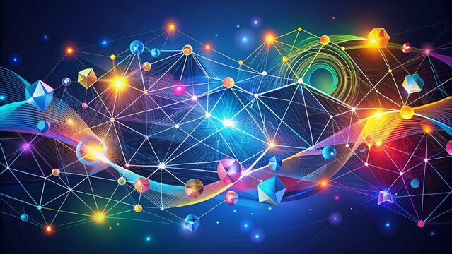 Vibrant geometric shapes and swirling lines on a dark blue background, evoking a sense of digital connection and online community, ideal for social media designs.