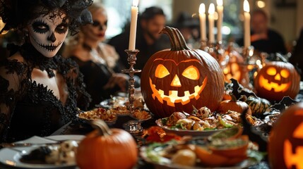 A Halloween dinner party with a diverse group of guests dressed in elegant costumes as they enjoy a lavish spread of themed food with jack o lanterns and skull decorations adorning the table
