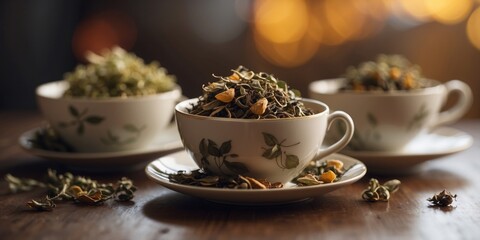 Fototapeta premium Herbal tea background Tea cups with various dried tea leaves.