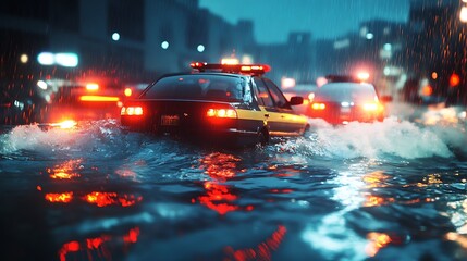Emergency Vehicles in Floodwater - Chaotic Scene Under Dark Skies