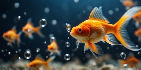 Fototapeta premium Goldfish swimming in clear water with bubbles.
