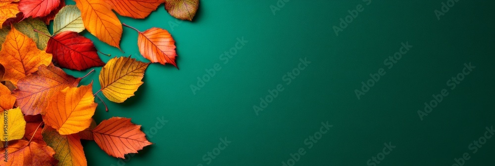 Wall mural A beautiful arrangement of autumn leaves in vibrant reds, oranges, and yellows, set against a teal background, provides a copy space for your message.  The leaves symbolize fall, change, nature, and t