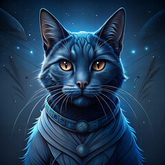 Enchanting blue cat with vibrant eyes and a collar, set against a cosmic background