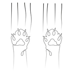 Two cat paws with sharp claws vector illustration. Paws scratch the monitor. Minimalist black and white contour line drawing.