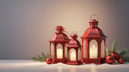 warm holiday scene featuring three red lanterns, each glowing with a lit candle, surrounded by red and gold Christmas ornaments and pine branches, perfect for a cozy Christmas setting
