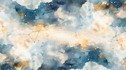 A mystical night sky pattern with radiant gold foil stars and constellation lines that pop against a backdrop of delicate watercolor clouds, creating a seamless, magical feel.