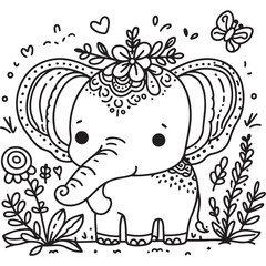 Cute elephant animal. Coloring book page for children. Black and White Cartoon Illustration line art.