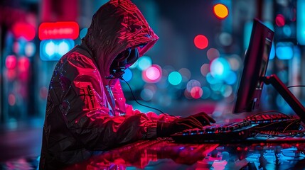 Obraz premium A hooded figure sits at a computer in a dimly lit urban setting. The figure is backlit by neon lights, creating a shadowy and mysterious atmosphere.