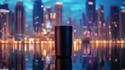 Sleek Travel Mug with Cityscape at Dusk