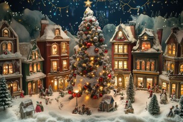Miniature Christmas Village Scene with a Snowy Tree and Illuminated Houses