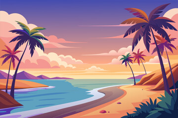 Coconut Tree Beach Sea Vacation Holiday Tropical Summer Vector Illustration