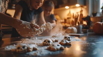 A cozy kitchen setting with diverse family members baking Halloween-themed cookies shaped like bats and skulls, with flour dusting the counter and warm light from a window
