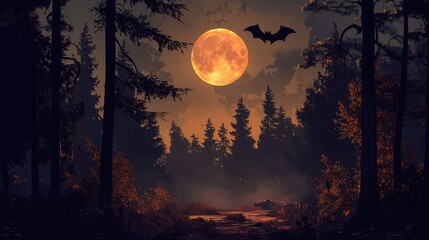 Fototapeta premium A hauntingly beautiful landscape with a full moon illuminating a dense forest, casting long shadows from the tall trees, with a single bat flying across the sky