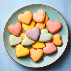 Fototapeta premium Tasty heart-shaped cookies displayed on a plate with colorful backdrop picture