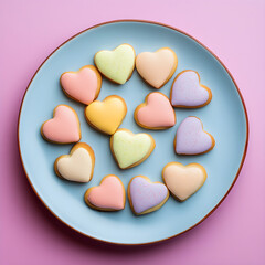 Obraz premium Plate of delicious heart-shaped cookies against a vibrant, colorful background image 