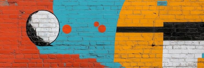 A colorful abstract mural on a brick wall with red, blue, yellow, black and white paint. The mural includes circles, a black shape, and a painted brick pattern.