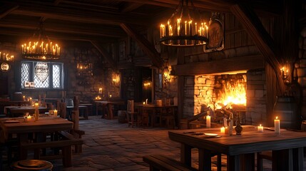 Inviting candle-lit tavern with wooden tables and a roaring fireplace in a medieval village Warm with rich wood tones and soft flickering light detailed 3D rendering