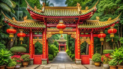 Vibrant red torii gate adorned with golden dragons and lanterns marks the entrance to a serene Chinese temple, surrounded by lush green foliage.