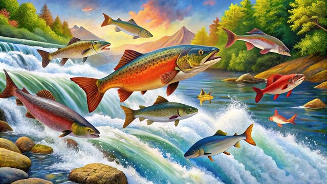 Vibrant salmon navigate upstream, jumping waterfalls, and spawning in tranquil streams, illustrating the remarkable life cycle of birth, growth, and ultimate sacrifice.