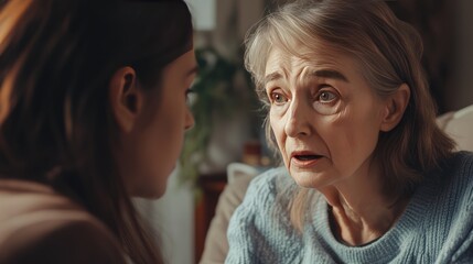 A Young Woman Listening intently to an Older Woman with a Worried Expression