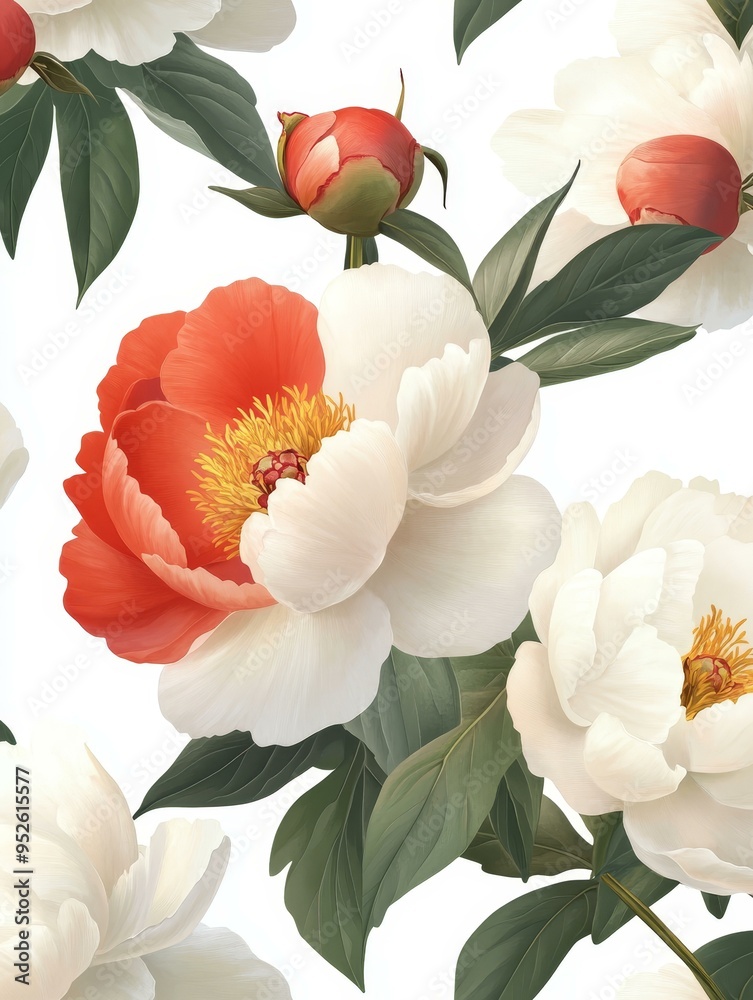 Poster A delicate and beautiful arrangement of white and red peonies with green leaves, symbolizing elegance, beauty, love, purity, and prosperity.