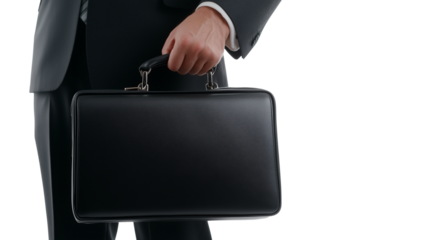 Man in business suit holding briefcase isolated on transparent background