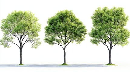 A set of four trees with realistic green leaves and various shapes and sizes, against a clean white background The trees are depicted with high detail and no ground shadows
