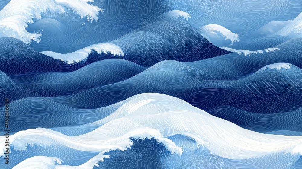 Canvas Prints A digital illustration of ocean waves in abstract, watercolor style. The image features a blue and white color scheme, with the waves depicted as flowing lines and curves.