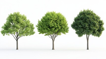 Four distinct trees featuring realistic green leaves and varying shapes and sizes, shown against a white background The image is presented with hyperrealistic detail and no shadows