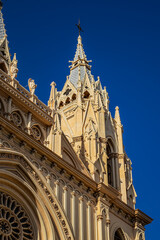 Sunset view of the Sacred Heart of Jesus Church (Iglesia del Sagrado Corazon de Jesus) is the only neo-Gothic work that has been built in the old town of Malaga, Costa del Sol, Andalusia, Spain.
