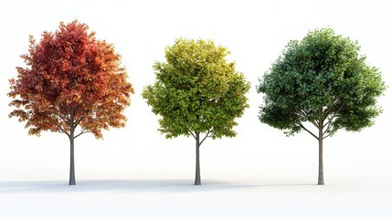 Obraz premium Four trees with realistic foliage and different shapes and sizes, set against a white background The image highlights hyperrealistic details with no shadows on the ground