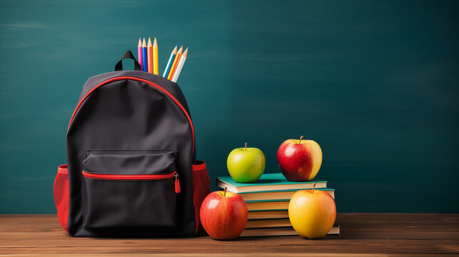 Sac &agrave; dos, cartable de classe avec fourniture sur un fond de tableau noir. Espace vide de composition. Rentr&eacute;e scolaire, &eacute;tudes, &eacute;tudiants. Lyc&eacute;e, coll&egrave;ge. Pour conception et cr&eacute;ation graphique.
