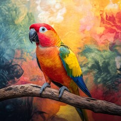 A colorful parrot perches on a branch against a vibrant abstract background.