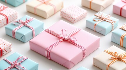 Colorful gift boxes wrapped in pastel paper with ribbons, ideal for celebrating special occasions and festive events.