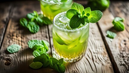 Homemade Boozy Green Chartreuese Swizzle Cocktail with Mint
