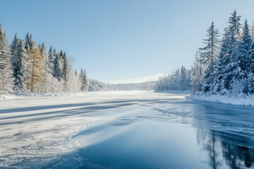 Frozen River Winding Through a Snowy Forest