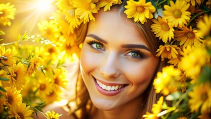 Vibrant yellow flowers and soft, golden light illuminate a serene, smiling face, highlighting warm, sun-kissed skin and bright, joyful eyes in a stunning portrait.