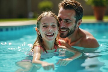 A cheerful scene of a young girl in a colorful swimsuit learning to swim with her parents in a bright blue pool