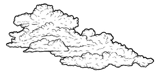 Set of clouds in hand drawn vintage retro style isolated on white background. Cartoon design elements. Vector illustration.