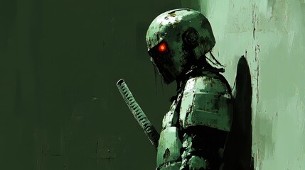 Futuristic Dark Warrior Robot with Red Eyes Holding a Sword, Against a Green Lit Background - Sci-Fi Art and Cyberpunk Illustration
