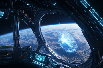 A spaceship is shown in a window of a space station