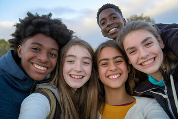 Obraz premium Multicultural young school people taking photo together with smiling.