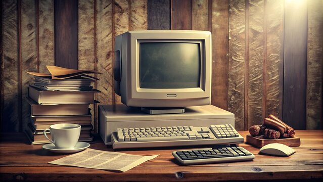 Vintage desktop computer with bulky monitor and dusty keyboard on a cluttered, nostalgia-tinged retro office desk surrounded by old papers and worn accessories.