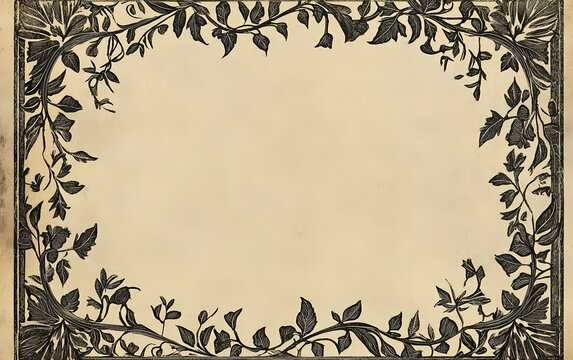 Vintage ornate leaf border with intricate medieval manuscript design in monochrome, featuring detailed craftsmanship, scrollwork, and classic decorative patterns for retro and antique illustrations